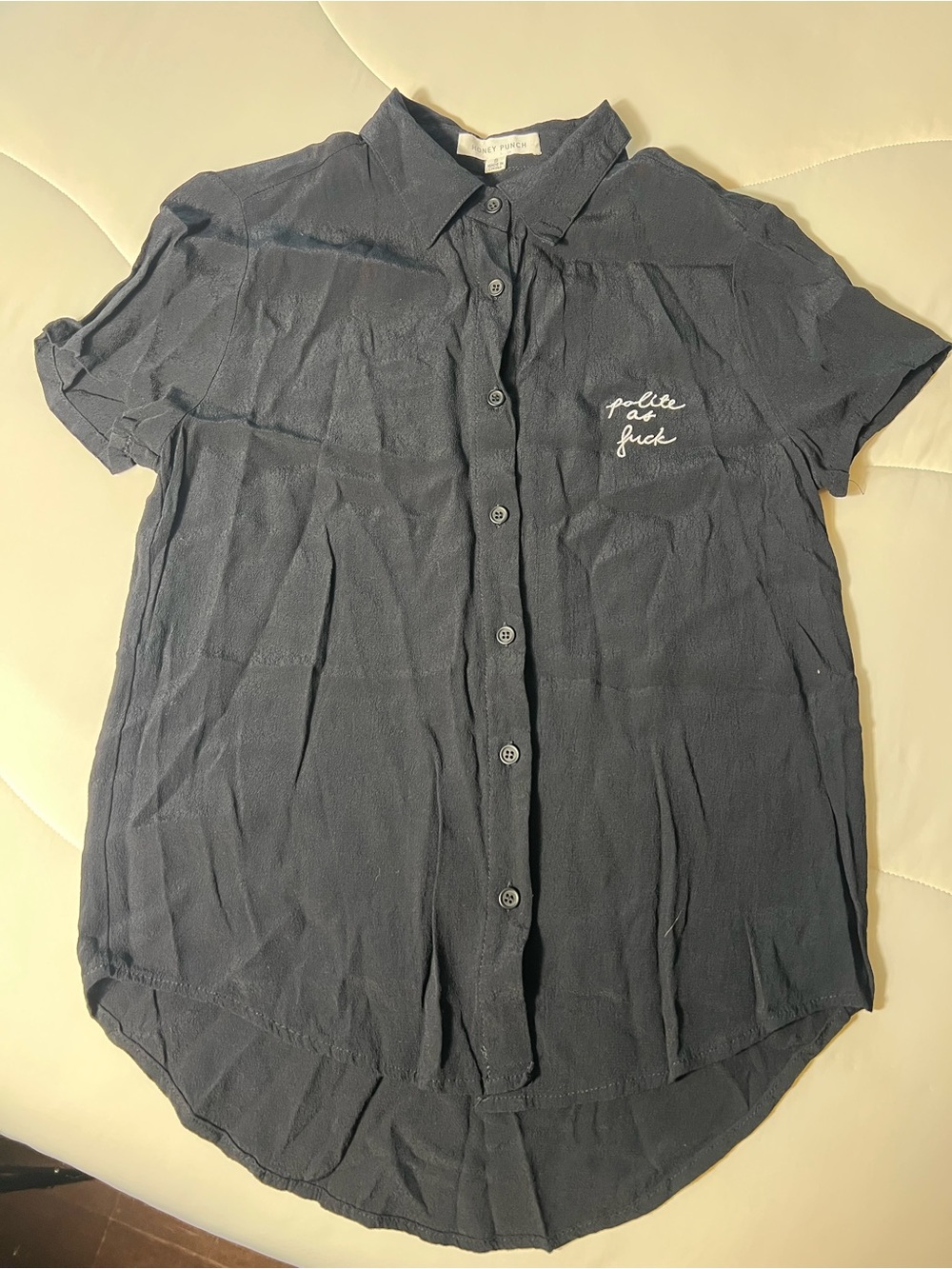 Honey Punch Black Short-Sleeve Button-Down Shirt with Script Chest Embroidery